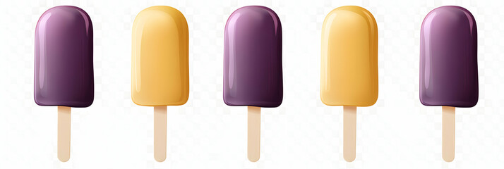 Frozen Treats, Five Popsicles in Purple and Yellow, Perfect Summer Refreshment, Enjoy Deliciously!