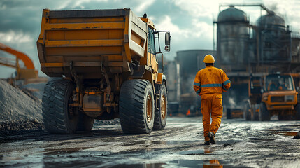 Worker Walks Past Industrial Dump Truck on Muddy Site, Heavy Machinery & Construction, Industrial Site,  Construction Worker,  Orange Safety Gear, Industrial Setting