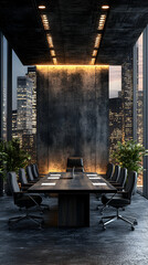 Modern Cityscape Boardroom, Sleek, Dark Wood Conference Table with Minimalist Design and Panoramic View at Night