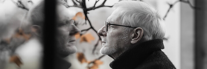 An elderly man gazes thoughtfully at his reflection, captured in a monochrome tone, evoking introspection and nostalgia amid an artistic representation of time's passage.