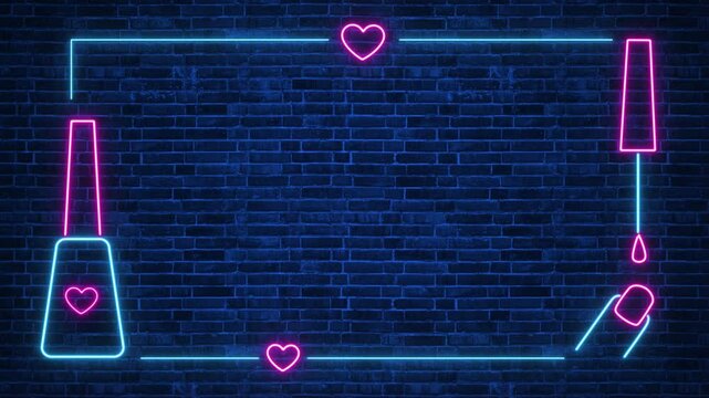cosmetics nail polish neon lights borde frame with lip and hearts on brick wall animation, beauty and make up social media motion background	
