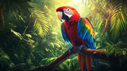 A colorful jungle bird rests on a branch, surrounded by dense green leaves and tropical plants, showcasing its striking plumage under soft sunlight filtering through