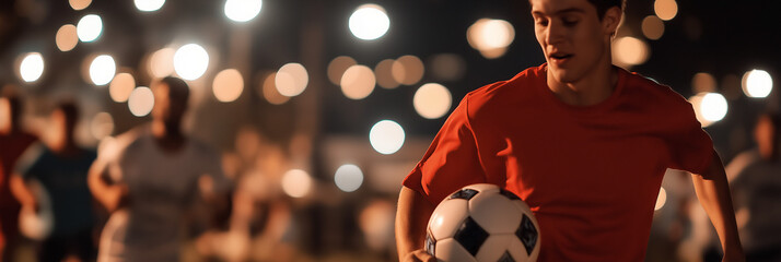 A young soccer player in a red shirt controls a soccer ball under bright lights, embodying thrill and determination typical of energetic night games.