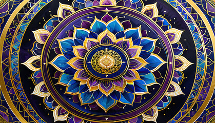 Fototapeta premium Blue, Purple, and Gold Mandala Artwork Detail