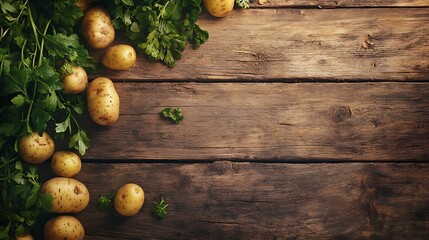 Potatoes and green leaves arranged on aged wooden planks photo mockup. AI Generated