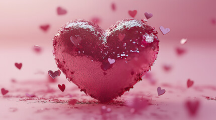 Obraz premium Glittering heart dissolving into fragments on pink background, symbolizing broken love and emergence