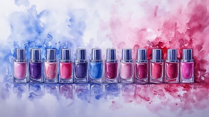 Nail polish bottles in various shades are arranged artfully against a colorful background, showcasing the beauty of manicure options at a salon