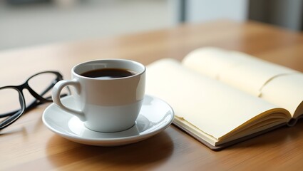 A coffee cup on a desk next to an open notebook and eyeglasses