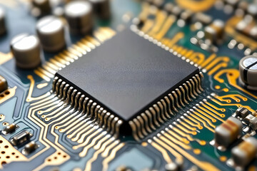 Integrated Circuit, Microchip on Circuit Board, Precisely Engineered for Optimal Performance,  Advanced Technology, High-Speed Data Processing.