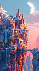 Mesmerizing surreal fantasy landscape with towering futuristic skyscrapers ornate temples and majestic castles reflecting in the tranquil lake under a vibrant dramatic sky with a crescent moon