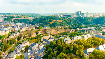 Luxembourg City, Luxembourg. Watercolor illustration. Bock Casemates. Panoramic view of the historical part of Luxembourg city. The city is located in a deep valley of two rivers, Aerial View