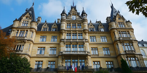 Fototapeta premium Grand Chateau, European Palace Architecture, Exquisite Stonework & Intricate Detailing. Majestic Building, Showcasing opulence & Grandeur, Situated amidst Lush Greenery.
