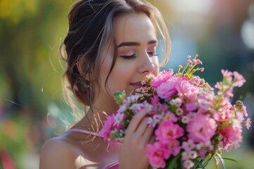 Naklejka premium Happy woman in pink dress holding spring flowers on Womens Day.