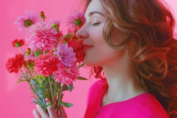 Naklejka premium Happy woman in pink dress holding spring flowers on Womens Day.