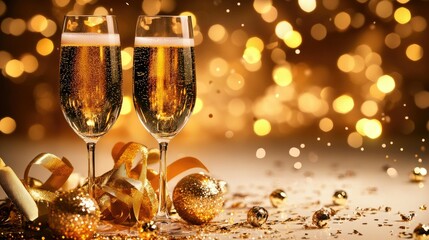 New Year's Eve champagne glasses filled with bright festive holiday lights