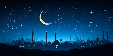 Night Sky over Muslim City, Crescent Moon and Stars Shine Brightly Above Mosques and Minarets, Illuminating the Cityscape Beautifully.