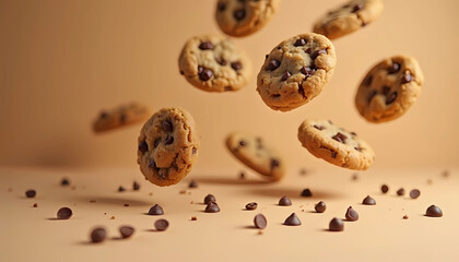 Chocolate chip cookies floating down, creating a fun and tempting atmosphere, generative ai