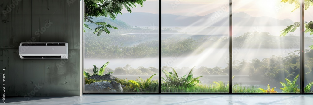 Poster modern air conditioner mounted on wall overlooking serene landscape through open window in bright da