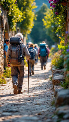 Peregrinos haciendo el Camino de Santiago. Excursionistas en un día soleado