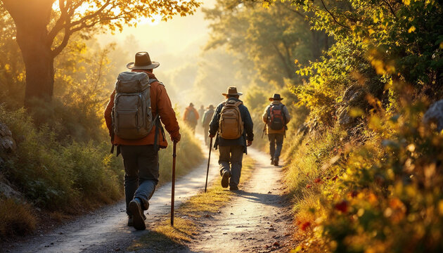 Peregrinos haciendo el Camino de Santiago. Excursionistas en un d&iacute;a soleado