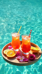 Fototapeta premium Floating tray in the pool with cocktails and fruit. Vacation, romantic date or honeymoon in a luxury tourist hotel. Vertical futage with space for text