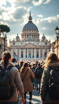 Chicos j&oacute;venes llegando a Roma en el a&ntilde;o jubileo. Bas&iacute;lica y plaza de San Pedro. D&iacute;a alegre y soleado. 