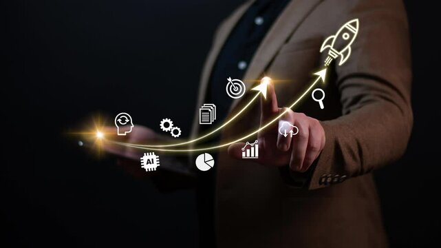 Startup business trend growth concept, improve development chart of company. Graph upward arrow grow up. Plan best sale performance return on investment stock, opportunity success challenge strategy