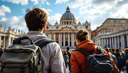 Chicos jóvenes llegando a Roma en el año jubileo. Basílica y plaza de San Pedro. Día alegre y soleado. 