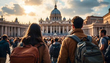 Chicos jóvenes llegando a Roma en el año jubileo. Basílica y plaza de San Pedro. Día alegre y soleado. 