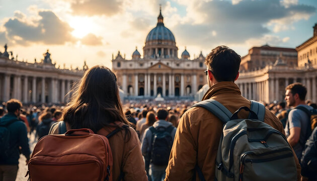 Chicos j&oacute;venes llegando a Roma en el a&ntilde;o jubileo. Bas&iacute;lica y plaza de San Pedro. D&iacute;a alegre y soleado. 