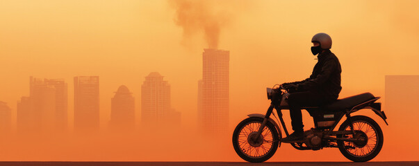 Obraz premium PM2.5 pollution and mask concept. Silhouette of a motorcyclist against a city skyline at sunset.
