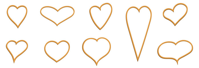 Gold frames in the shape of a heart different form for a picture or photo. Vector isolated on transparent. Golden volumetric outline of the heart.