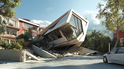Modern House Collapsed After Earthquake: 3D Render of Urban Disaster Scene. AI Generated