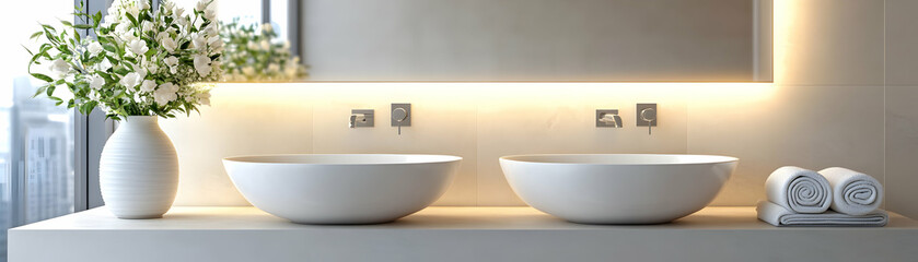 Modern Minimalist Bathroom Design, Double Vessel Sinks, White Flowers, Soft Towels