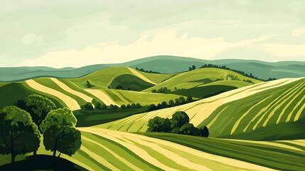 Rolling Green Hills: A Vibrant Digital Landscape Painting. AI Generated