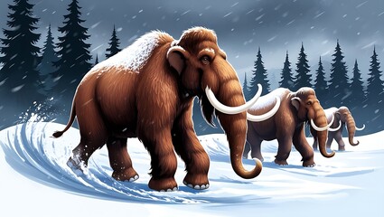 Prehistoric winter scene with three woolly mammoths in a snowy landscape, surrounded by evergreen trees, falling snow, and an overcast sky in cool tones.