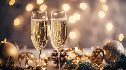 New Year's Eve champagne glasses filled with bright festive holiday lights