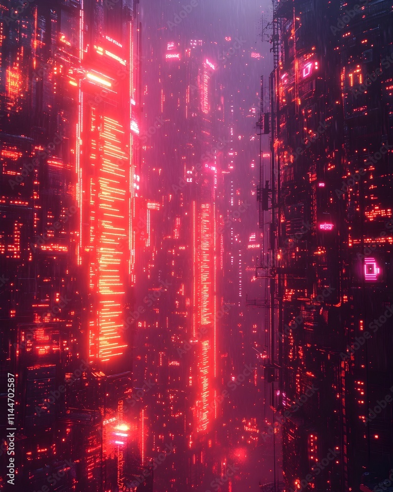 Poster cyberpunk inspired digital environment with neon lit interfaces cascading lines of code and a gritty