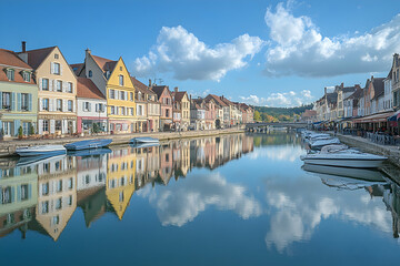 Obraz premium Canal-side Houses Reflect in Calm Water, Sunny Day