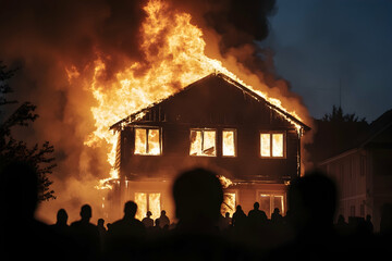 Large wooden house on fire at night with onlookers silhouetted against dark sky