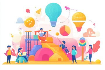 A vibrant illustration of children playing on a colorful playground with balloons and various playful elements in a cheerful, imaginative environment.