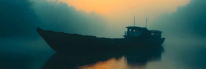 Fototapeta premium Misty Morning, Old Vessel at Rest on Calm Waters, Golden Hour Glow