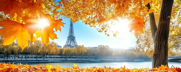 Autumnal Parisian Scene, Golden Leaves Frame Iconic Tower, River, and Cityscape Under a Bright Sun