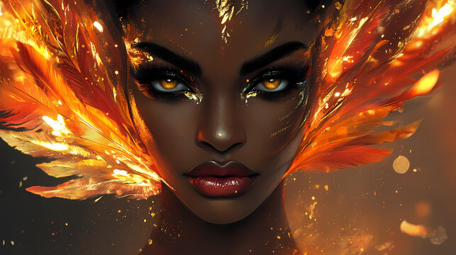 African woman with fiery makeup and phoenix-like flames, intense gaze. Phoenixlike. Illustration