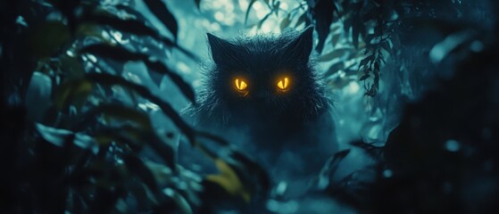 Mysterious creature with glowing eyes lurking in a dense jungle at night