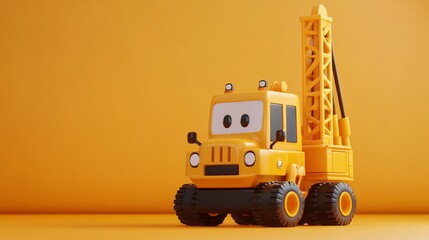 Cute cartoon yellow drilling rig truck on orange background.
