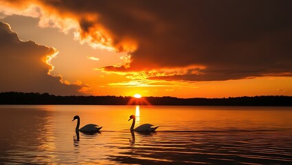 Swans swimming on the lake at sunrise, pelican swimming in the lake under the golden
