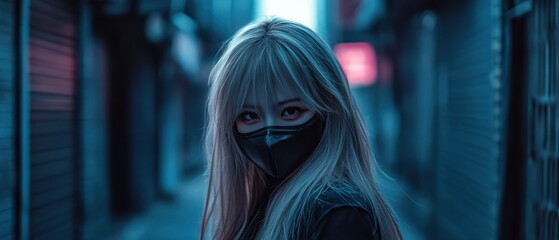 Fototapeta premium Young woman in dark alley wearing black mask with neon lights illuminating the surroundings during nighttime