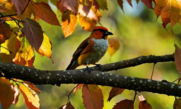European Robin bird on a orange and yellow leaves autumn fall season tree branch outdoors or outside nature foliage photography. Forest wildlife, park or garden