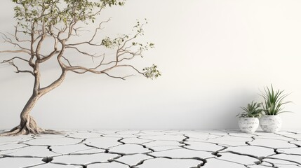 Dry cracked land with dead tree and sky in background a concept of global warming, environment, save, protect, earth, global warming, reduce, planet, growth, nature, ecosystem